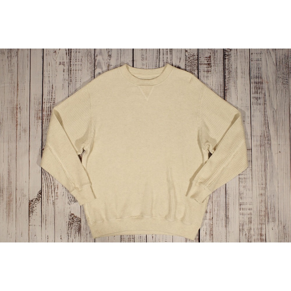 Aerie Pullover Sweatshirt Womens XS Cream Waffle Knit Thermal Crewneck Winter